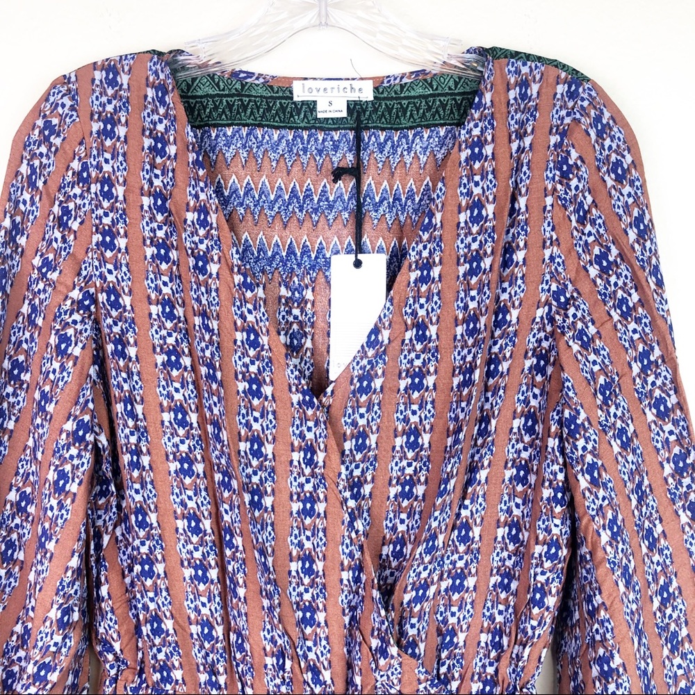 🔥3 for $30 Camel Blue & Green Peasant Boho Romper - Picture 3 of 8